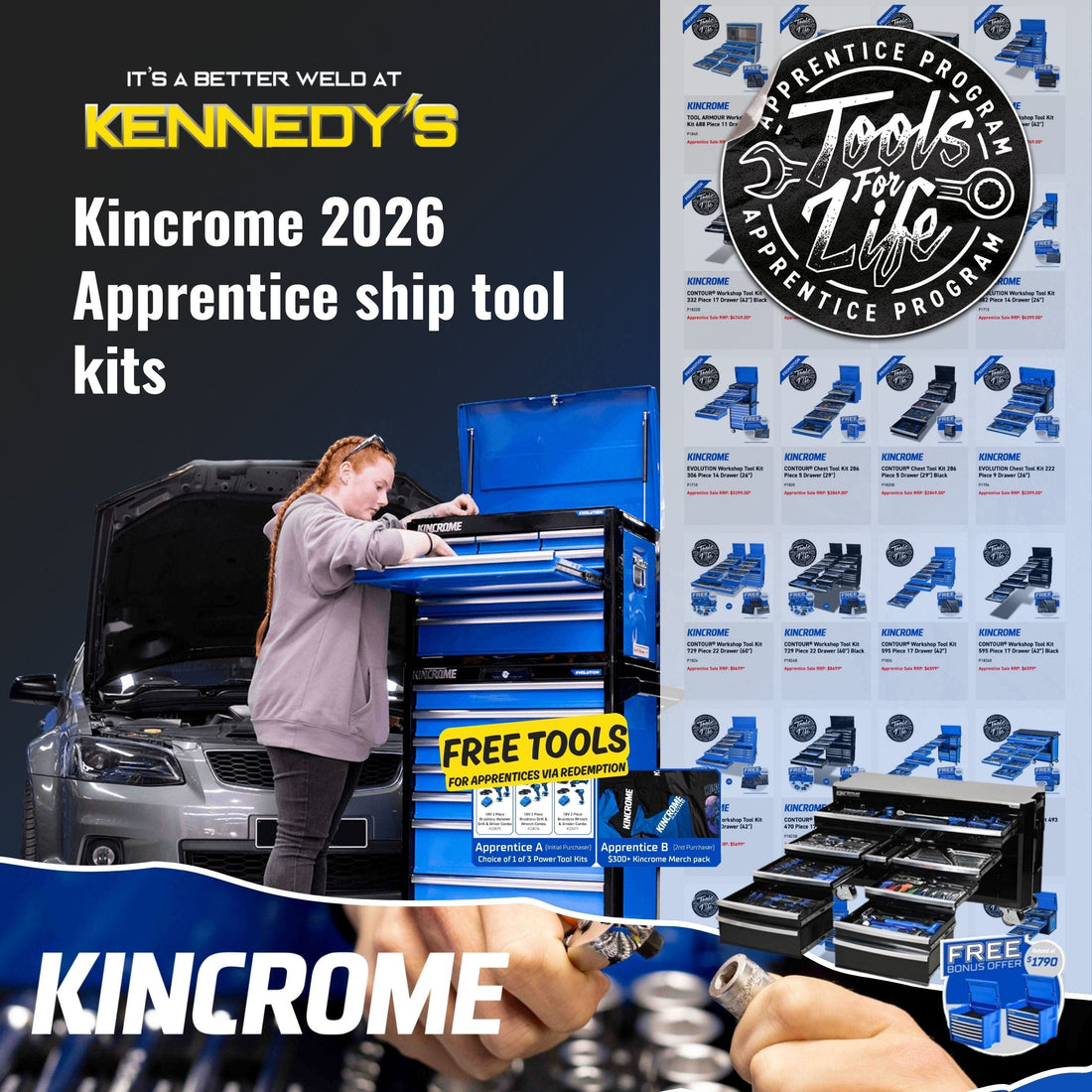 This is an image of the Kincrome 2026 TFL Apprenticeship Tool Kit range available from Nubco, Total Tools, Kennedy's Welding Supplies Hobart, Launceston, Devonport, Tasmania