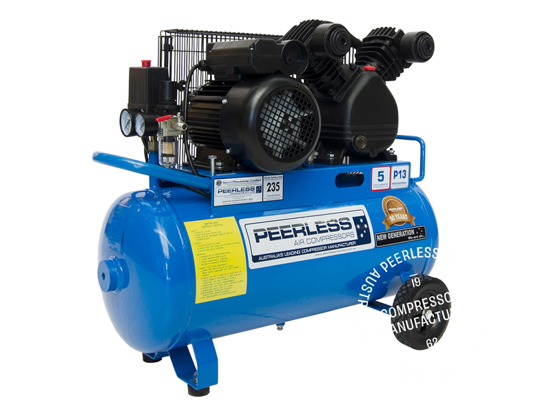 This is an image of a Peerless blue air compressor showcasing Kennedys Welding Supplies in Derwent Park TAS offering Tool Shop, Welding Specialists, Power Tool Repairs, and more.