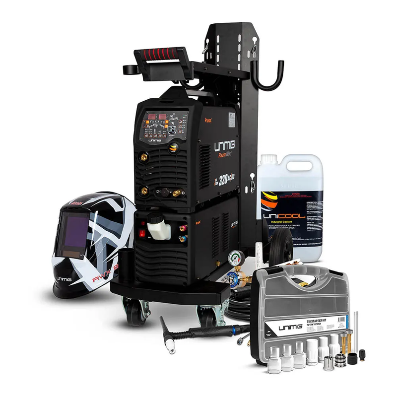 This is an image of Unimig Razor 320 AC/DC welding bundle with helmet, accessories, and coolant, available at Kennedys Welding Supplies in Derwent Park TAS, offering tool shop, laser cutting, power tool repairs, and welding specialists.