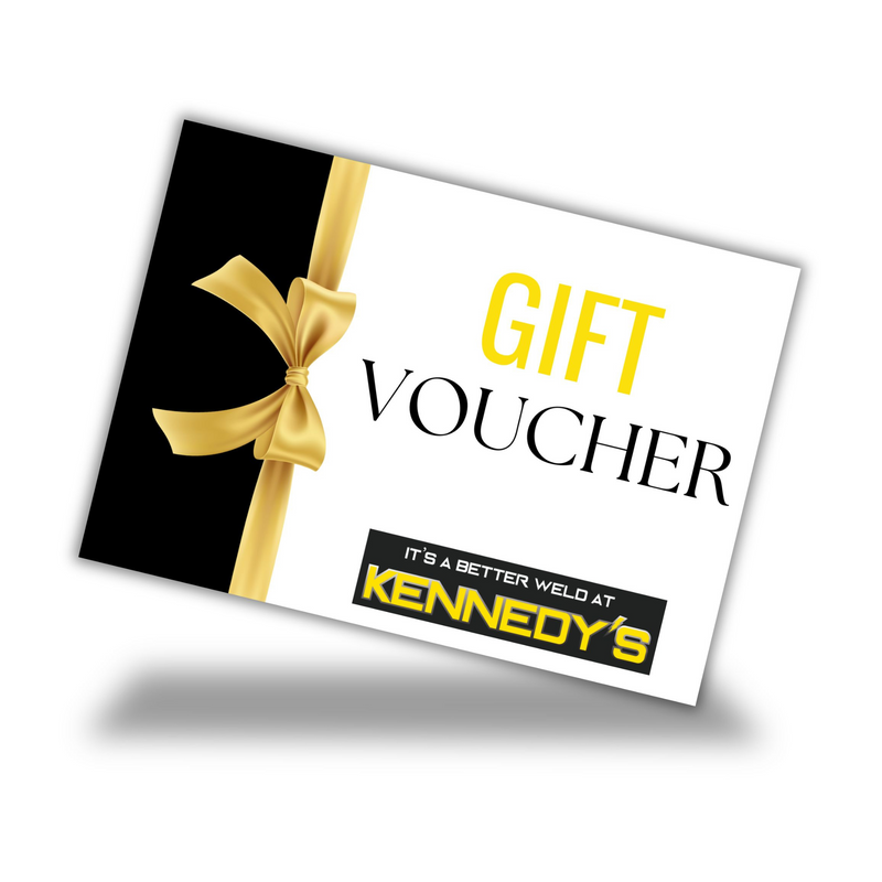 This is an image of a Kennedys Welding Supplies gift voucher with a gold ribbon, promoting welding and tool shop services in Derwent Park TAS