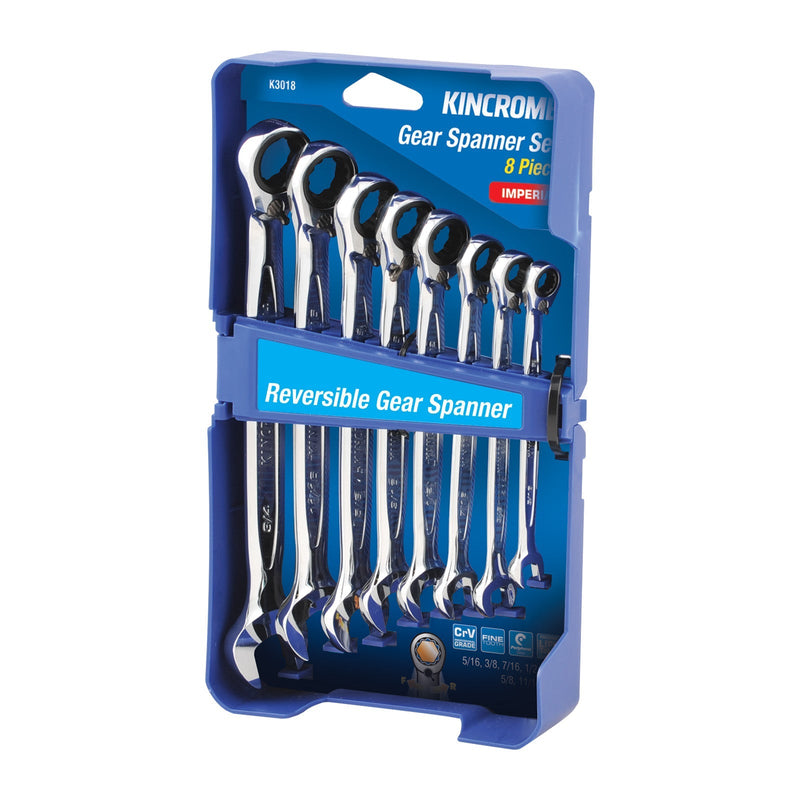 This is an image of Kincrome reversible gear spanner set 8 piece in blue case at Kennedys Welding Supplies in Derwent Park TAS offering Tool Shop and Welding Specialists services