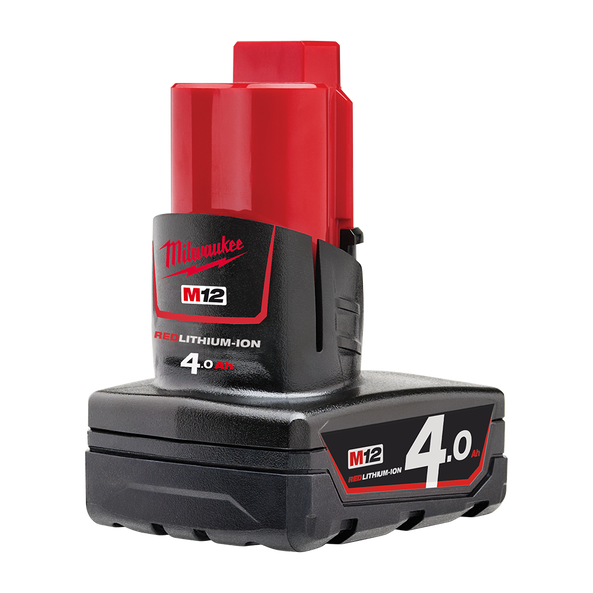 This is an image of a Milwaukee M12 Red Lithium-Ion 4.0 Ah battery at Kennedys Welding Supplies, Derwent Park TAS, tool shop and welding specialists