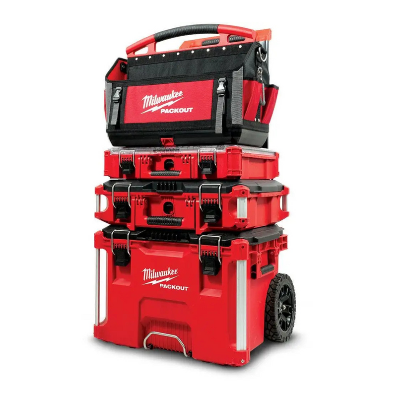 This is an image of Milwaukee Packout modular tool storage stack at Kennedys Welding Supplies in Derwent Park TAS offering tool shop and welding specialists