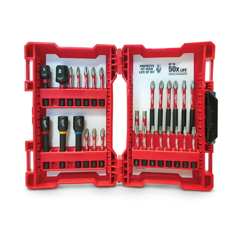 This is an image of a Milwaukee drill bit set in a red case, featured by Kennedys Welding Supplies in Derwent Park TAS, offering tool shop and power tool repairs.