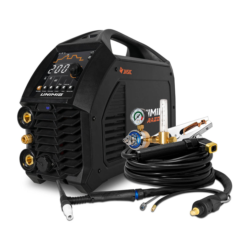 This is an image of Jasic UNIMIG RAZOR TIG 200 ACDC welding machine kit with cables and regulator from Kennedys Welding Supplies, Derwent Park TAS
