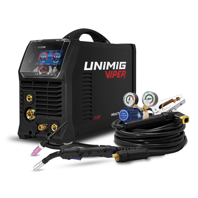 This is an image of Unimig Viper Multi 195 welding machine kit with torch and gauges from Kennedys Welding Supplies in Derwent Park TAS