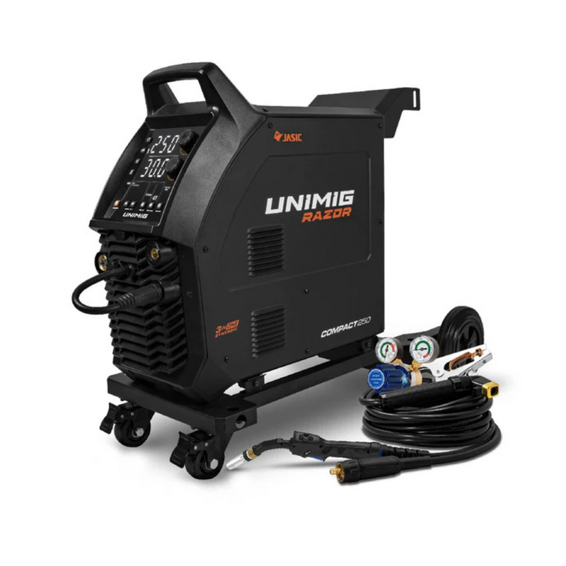 This is an image of a Unimig Razor Compact 250 welder with cables, from Kennedys Welding Supplies in Derwent Park TAS, Tool Shop and Welding Specialists