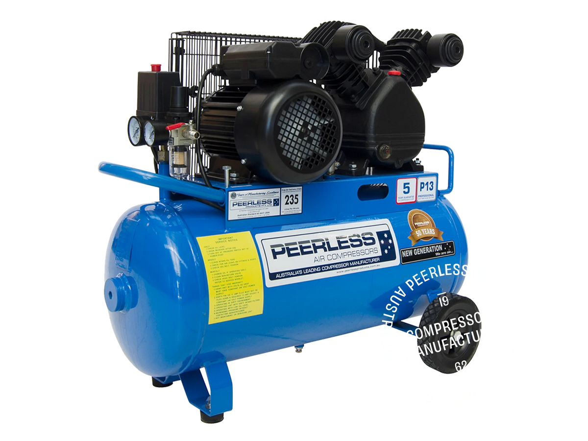 This is an image of a blue Peerless air compressor at Kennedys Welding Supplies, Derwent Park TAS, offering tool shop and welding specialist services