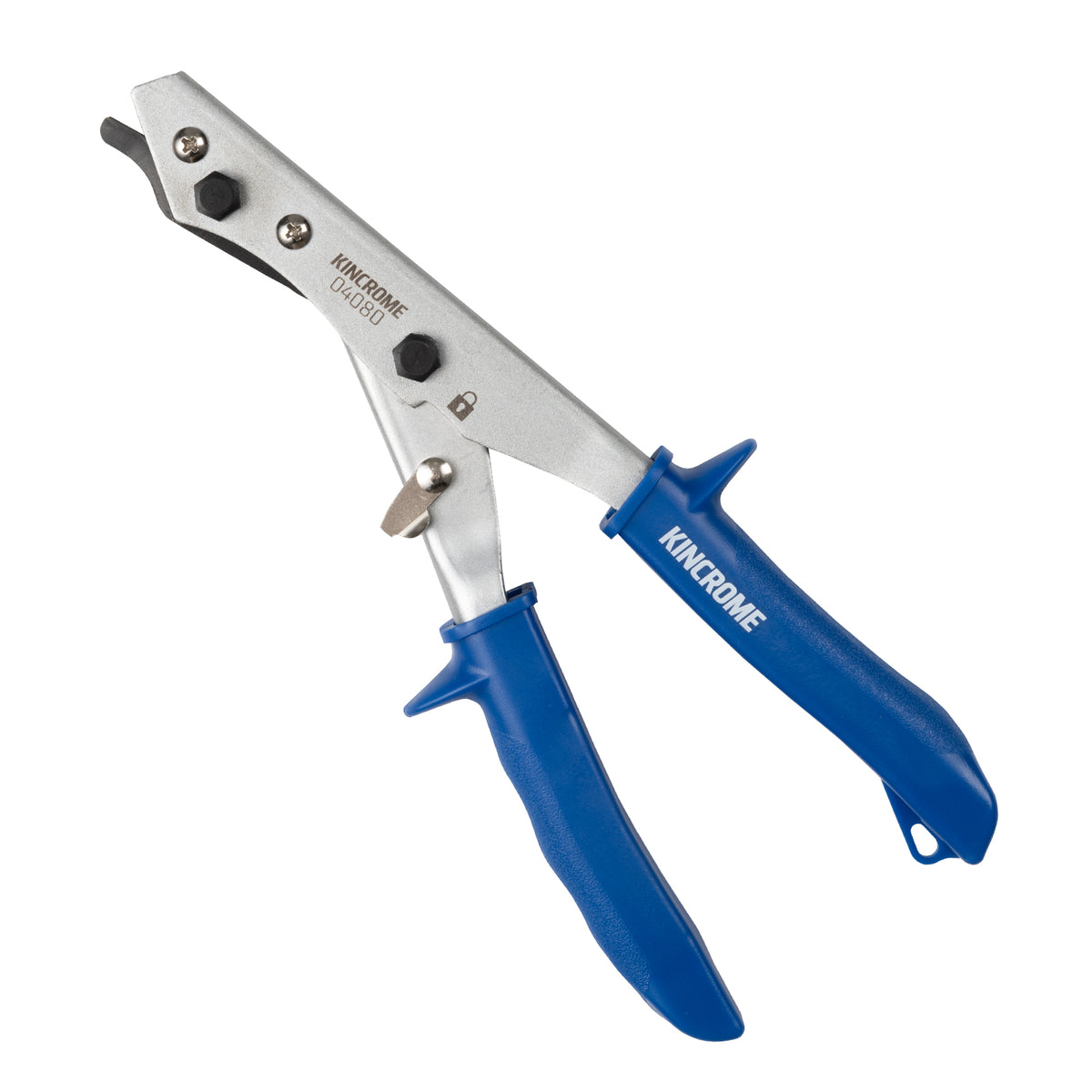 This is an image of Kincrome 04080 metal cutting snips with blue handles, offered by Kennedys Welding Supplies in Derwent Park TAS, Tool Shop and Welding Specialists.