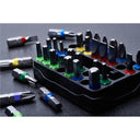 This is an image of a multi-colored screwdriver bit set on a black holder, offered by Kennedys Welding Supplies in Derwent Park TAS, Tool Shop and Welding Specialists