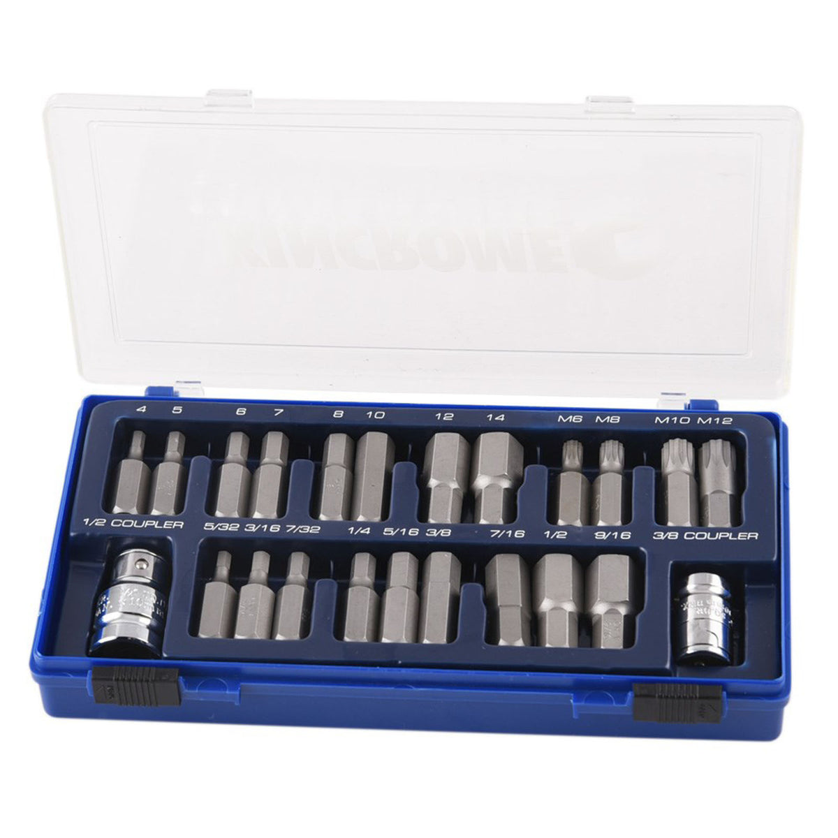 This is an image of a blue case holding a set of hex and socket bits, offered by Kennedys Welding Supplies in Derwent Park, TAS, Tool Shop and Welding Specialists.