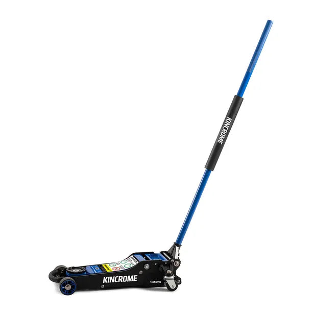 This is an image of a Kincrome 1.45 Ton aluminium body racing jack with rapid lift, offered by Kennedys Welding Supplies in Derwent Park TAS, providing tool shop and welding specialist services.