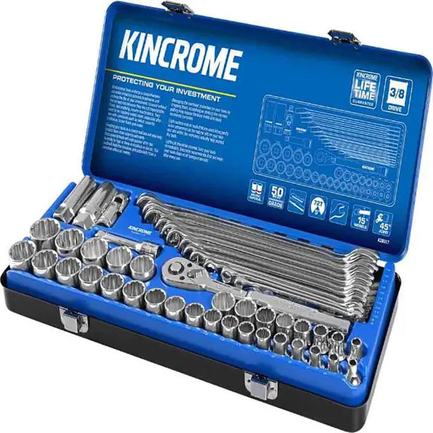 This is an image of a Kincrome 3/8 drive socket and spanner set 49-piece in a blue case available at Kennedys Welding Supplies, Derwent Park TAS, offering tool shop, laser cutting, power tool repairs, and welding specialists.