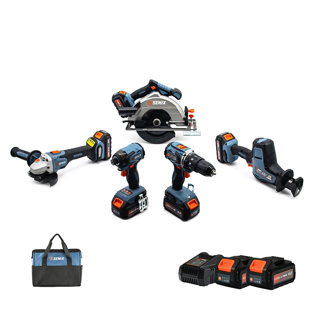 SENIX 18V BRUSHLESS IMPACT DRIVER,HAMMER DRILL,125MM GRINDER,184MM CIRCULAR SAW,RECIP SAW, 2X 18V 4.0AH BATTS, CHARGER S2K5B1-01
