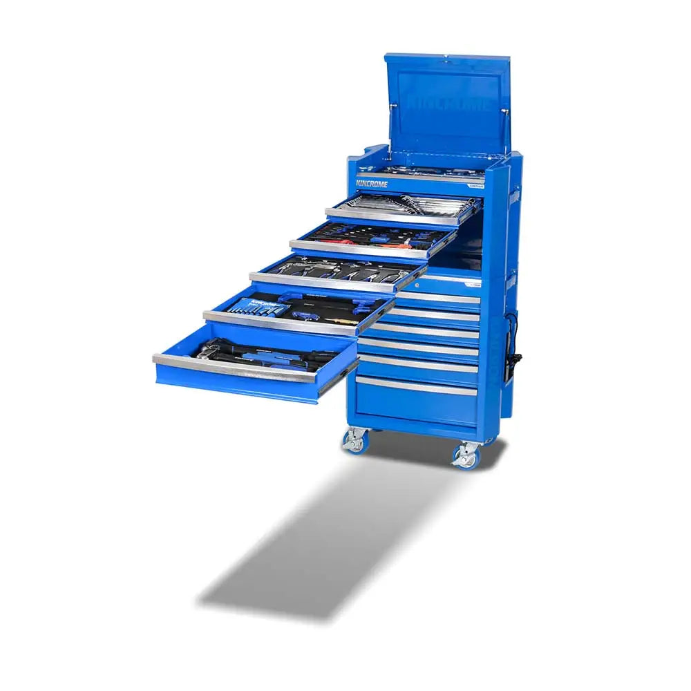 This is an image of a blue Kincrome Contour Workshop Tool Kit with 278 pieces in open drawers, offered by Kennedys Welding Supplies in Derwent Park TAS, providing tool shop and welding specialist services