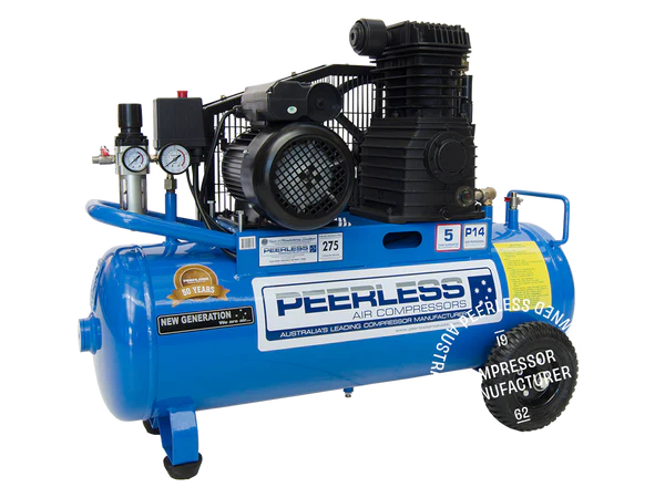 This is an image of a blue Peerless air compressor featured by Kennedys Welding Supplies in Derwent Park, TAS, offering tool shop and welding specialist services