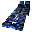 This is an image of a large blue and black Kincrome Dominator tool chest with multiple open drawers showing organized hand tools at Kennedys Welding Supplies in Derwent Park TAS