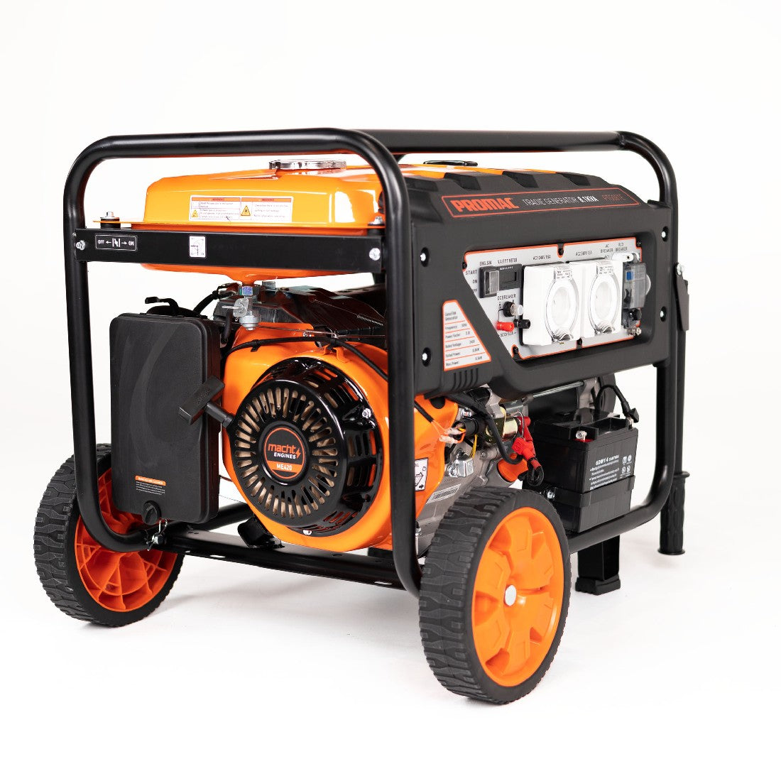 This is an image of an orange and black Promac generator with wheels displayed by Kennedys Welding Supplies in Derwent Park TAS, offering welding specialists and tool shop services