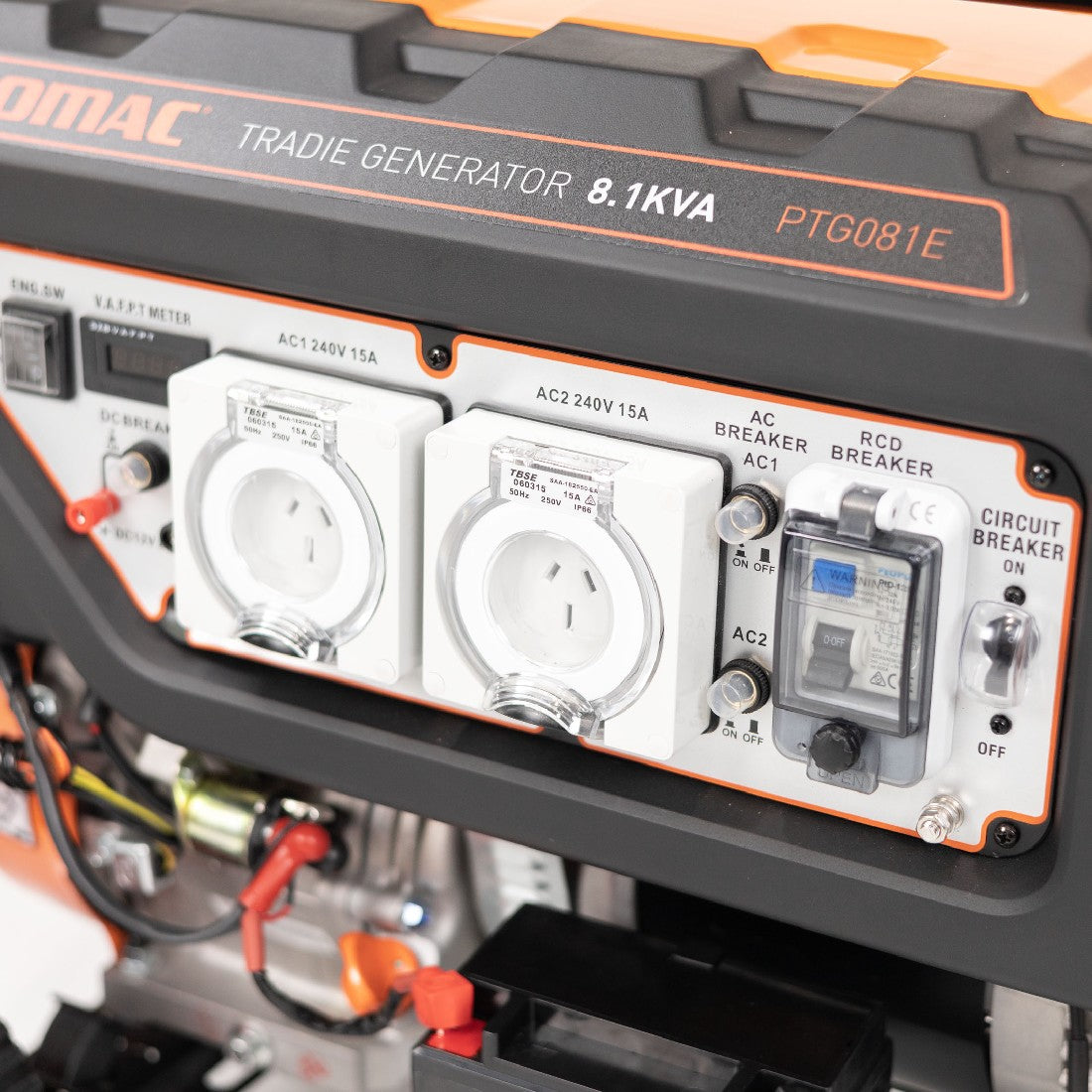 This is an image of a Promac Tradie Generator 8.1 KVA power outlet panel, featured by Kennedys Welding Supplies in Derwent Park TAS, offering tool shop and welding specialist services.