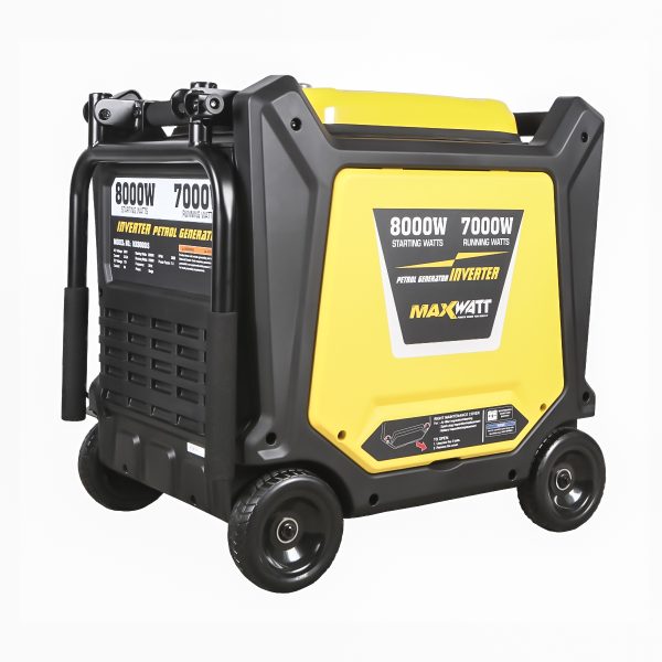 This is an image of a yellow and black MaxWatt 8000W inverter petrol generator with wheels, offered by Kennedys Welding Supplies in Derwent Park TAS, specializing in tool shop, laser cutting, power tool repairs, and welding services.