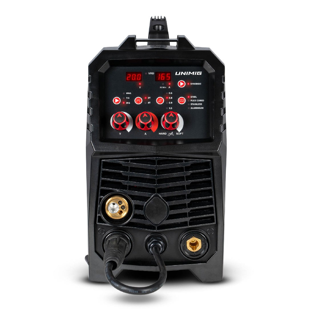 This is an image of a black UNIMIG welding machine with control knobs and digital display at Kennedys Welding Supplies in Derwent Park TAS