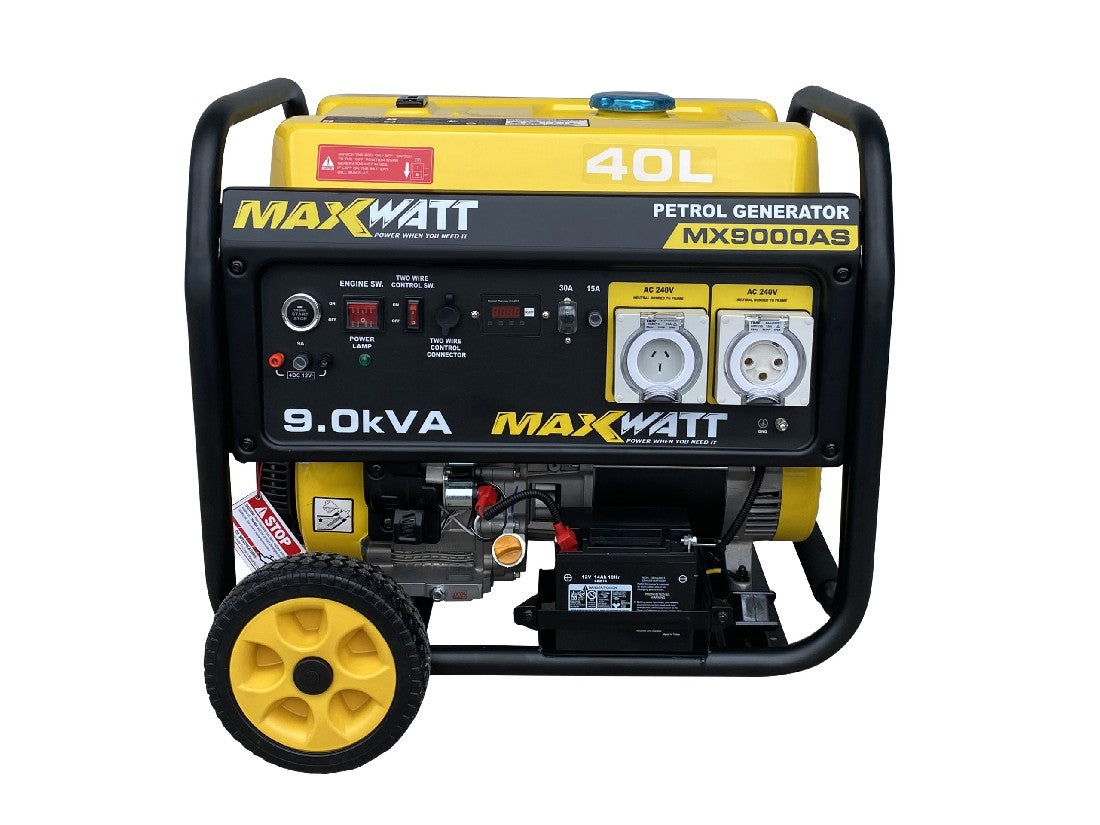 This is an image of a yellow MaxWatt MX9000AS 9.0kVA petrol generator with control panel, offered by Kennedys Welding Supplies in Derwent Park, TAS