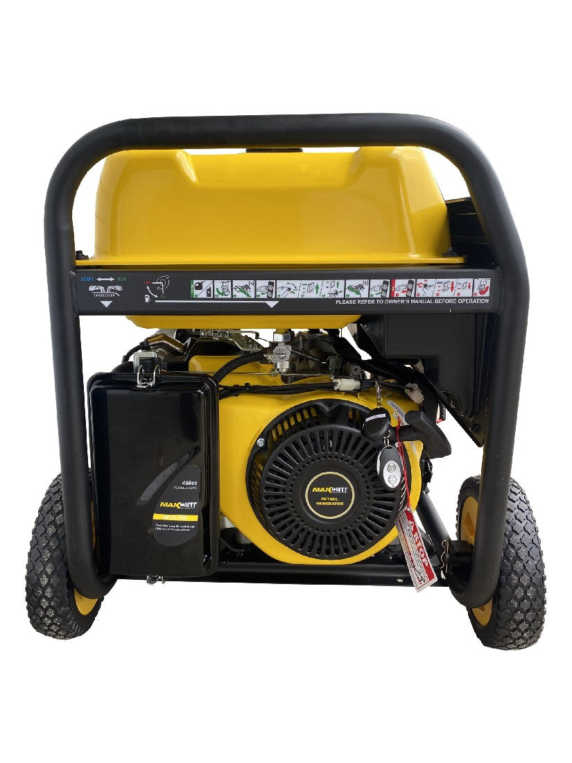 This is an image of a yellow Maxwatt petrol generator on wheels, offered by Kennedys Welding Supplies in Derwent Park, TAS, specializing in tool shop, laser cutting, and power tool repairs.