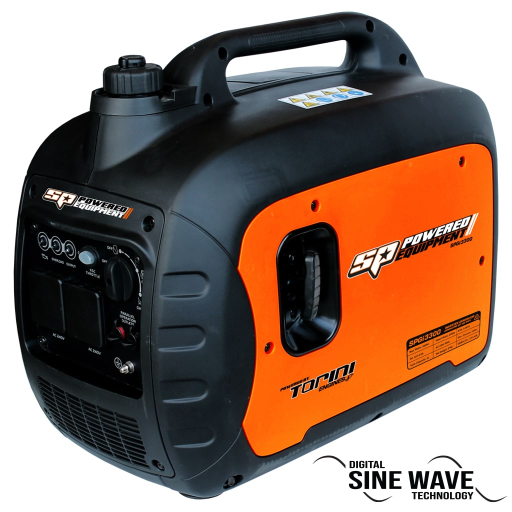 This is an image of an SP Powered Equipment portable generator with digital sine wave technology, offered by Kennedys Welding Supplies in Derwent Park, TAS, specializing in tool shop, laser cutting, power tool repairs, and welding services.