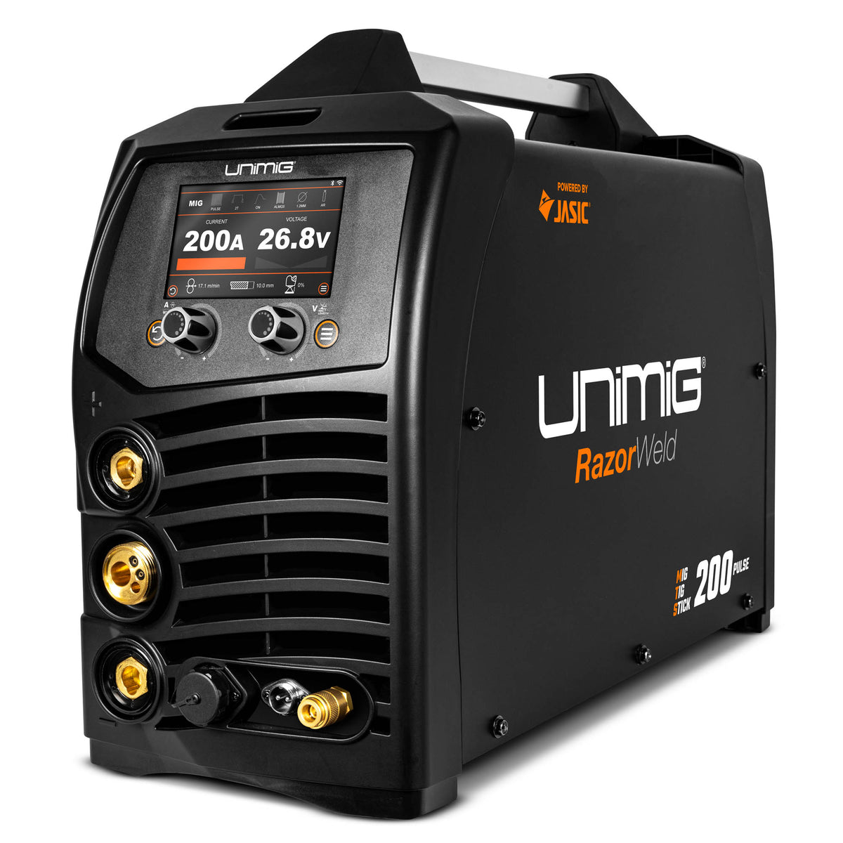 This is an image of a Unimig RazorWeld 200 pulsed MIG TIG Stick welder in black at Kennedys Welding Supplies, Derwent Park TAS, offering welding specialist services
