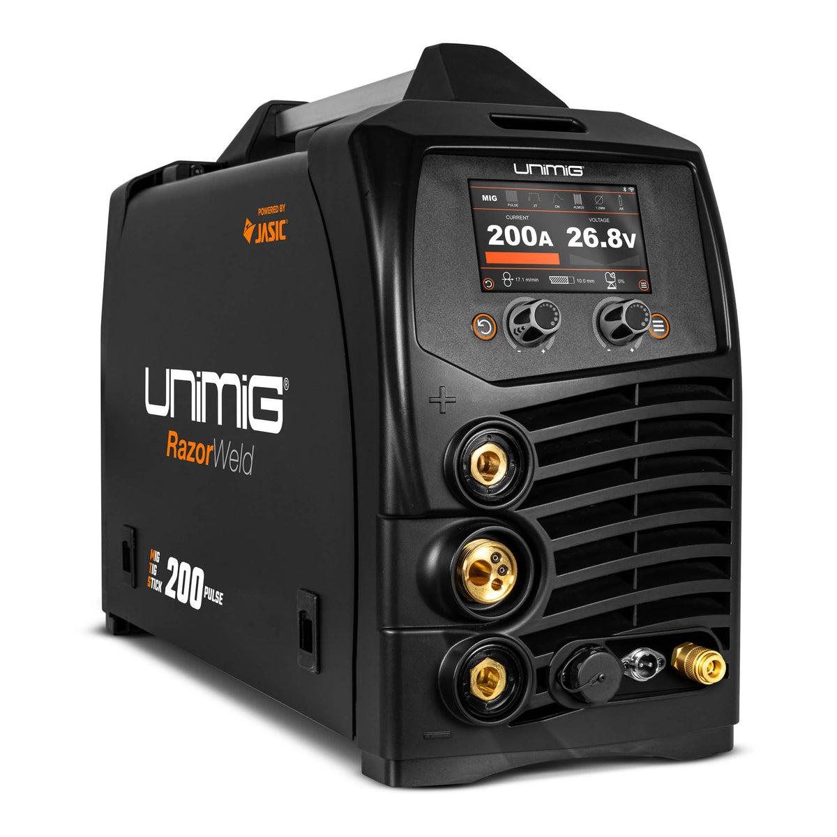 This is an image of a black Unimig RazorWeld 200 Pulse MIG TIG Stick welder with digital display, offered by Kennedys Welding Supplies in Derwent Park, TAS, specializing in welding supplies, tool shop, laser cutting, and power tool repairs.