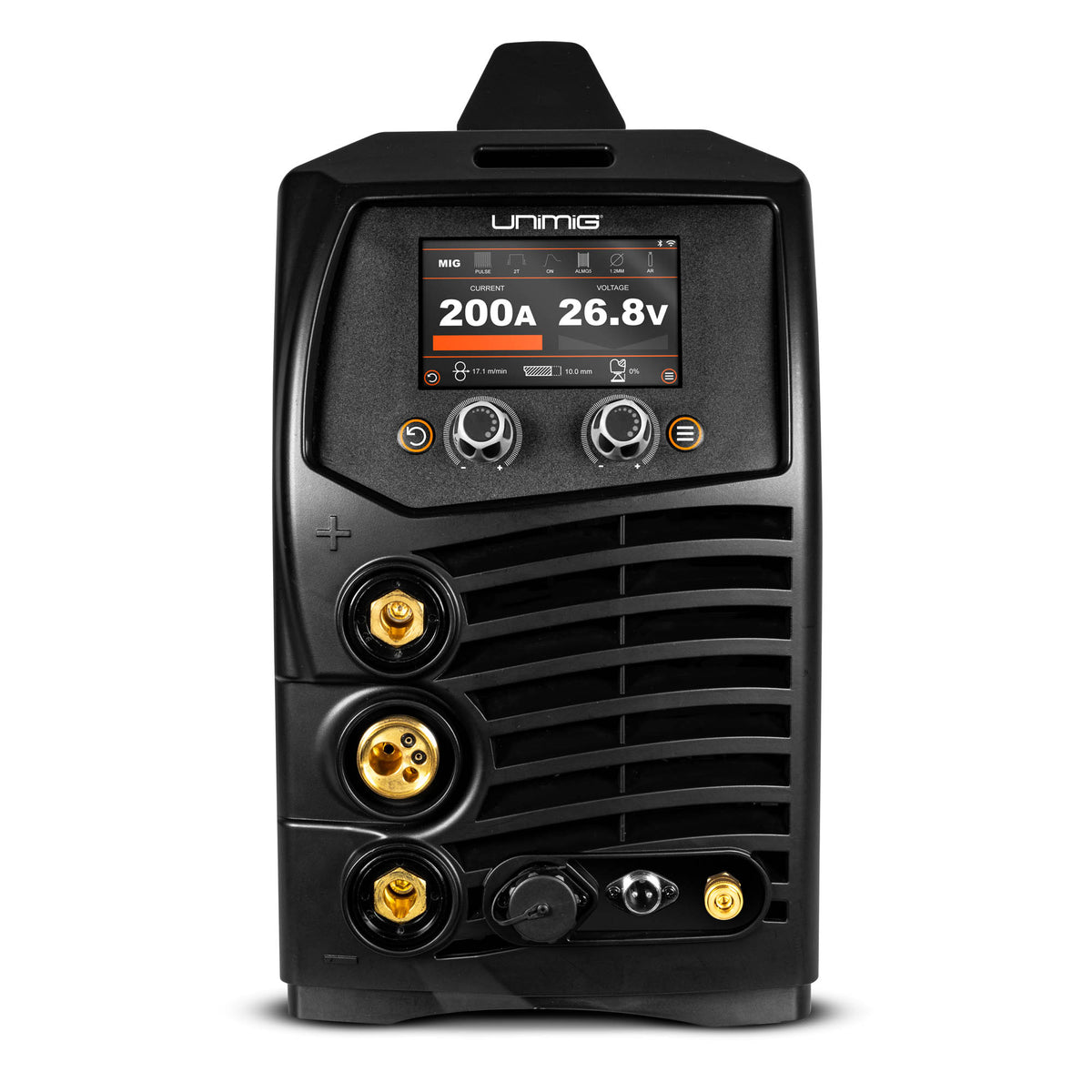 This is an image of a black Unimig MIG welder with digital display showing 200A and 26.8V, available at Kennedys Welding Supplies in Derwent Park TAS, offering tool shop and welding specialists services.