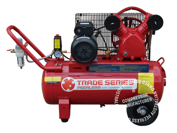 This is an image of a red Trade Series Peerless air compressor, featured by Kennedys Welding Supplies in Derwent Park, TAS, offering tool shop and welding specialist services.