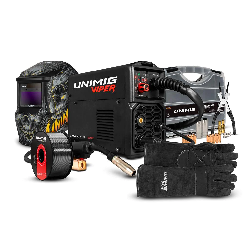 This is an image of a Unimig Viper welding kit including welder, welding helmet, gloves, and accessories by Kennedys Welding Supplies in Derwent Park TAS