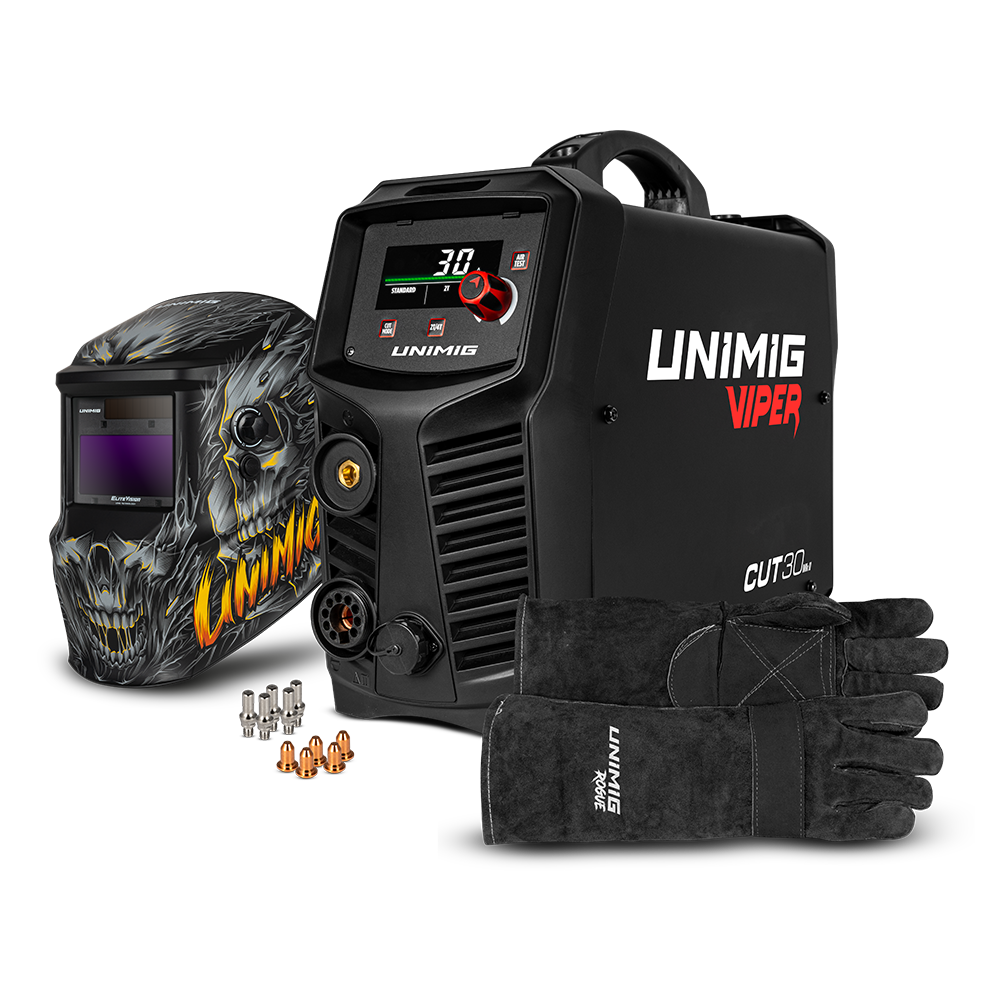 This is an image of a Unimig Viper CUT30 plasma cutter with skull design welding helmet and welding gloves by Kennedys Welding Supplies in Derwent Park Tasmania, offering tool shop and welding specialist services.