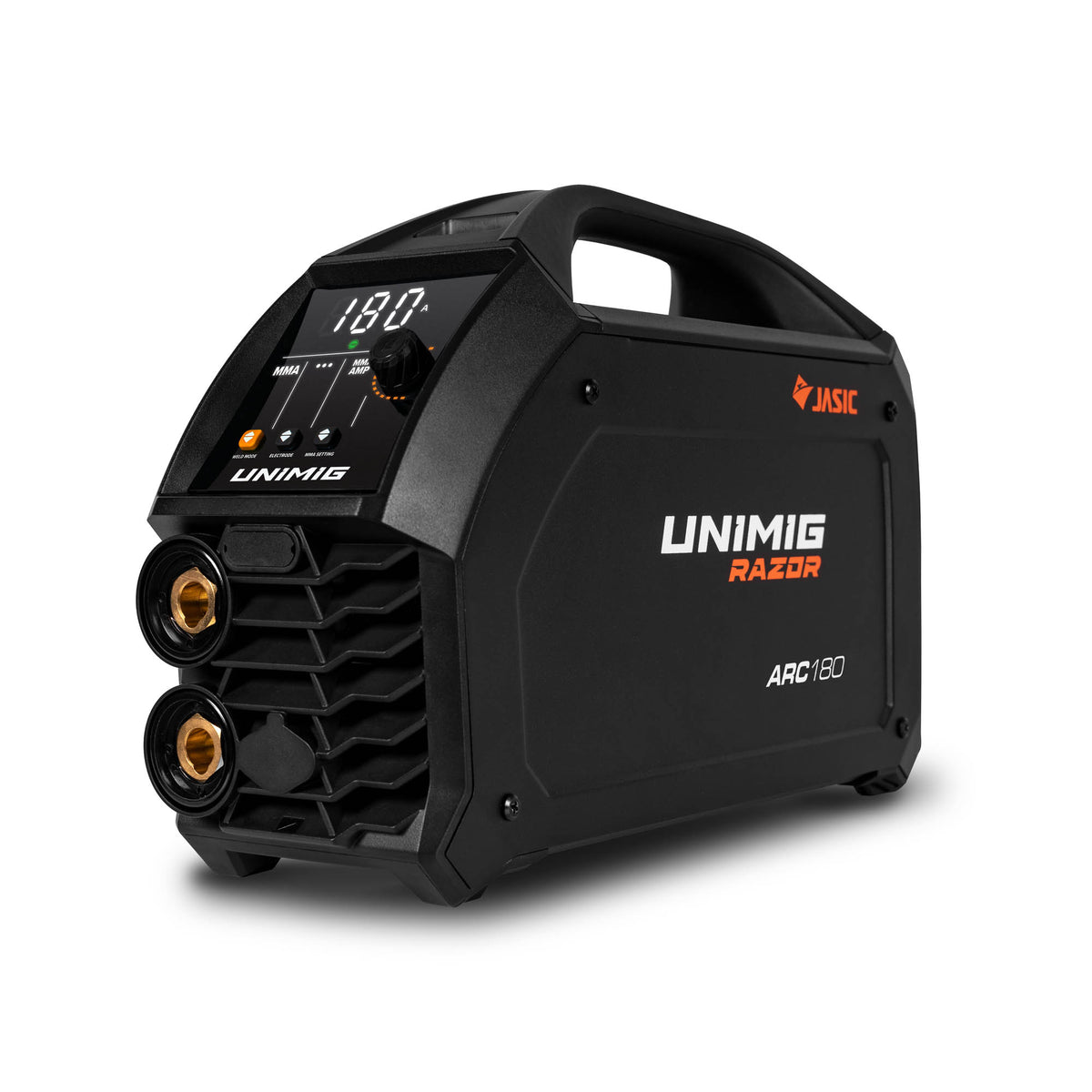 This is an image of a black Unimig Razor ARC180 welder by Jasic, featured by Kennedys Welding Supplies in Derwent Park, TAS, offering welding specialists and tool shop services