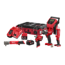 This is an image of Milwaukee power tools kit including drill, impact driver, batteries, charger, and storage case from Kennedys Welding Supplies in Derwent Park TAS