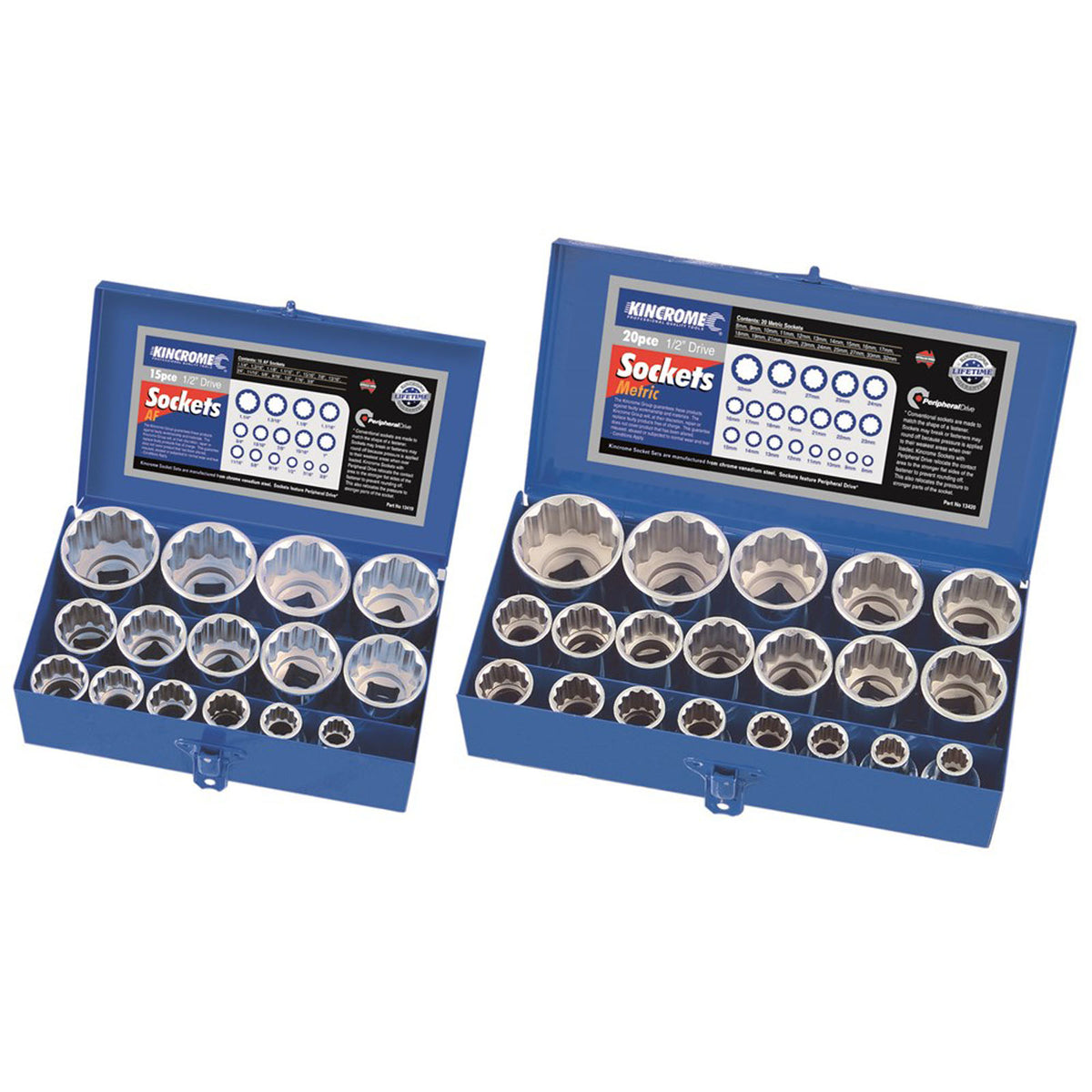 This is an image of Kincrome 15pc AF and 20pc metric socket sets in blue cases, offered by Kennedys Welding Supplies tool shop in Derwent Park TAS