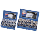 This is an image of Kincrome 15pc AF and 20pc metric socket sets in blue cases, offered by Kennedys Welding Supplies tool shop in Derwent Park TAS