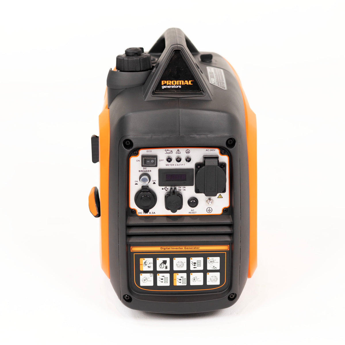 This is an image of a Promac digital inverter generator in black and orange, offered by Kennedys Welding Supplies in Derwent Park, TAS, specializing in tool shop, welding, and power tool repairs.