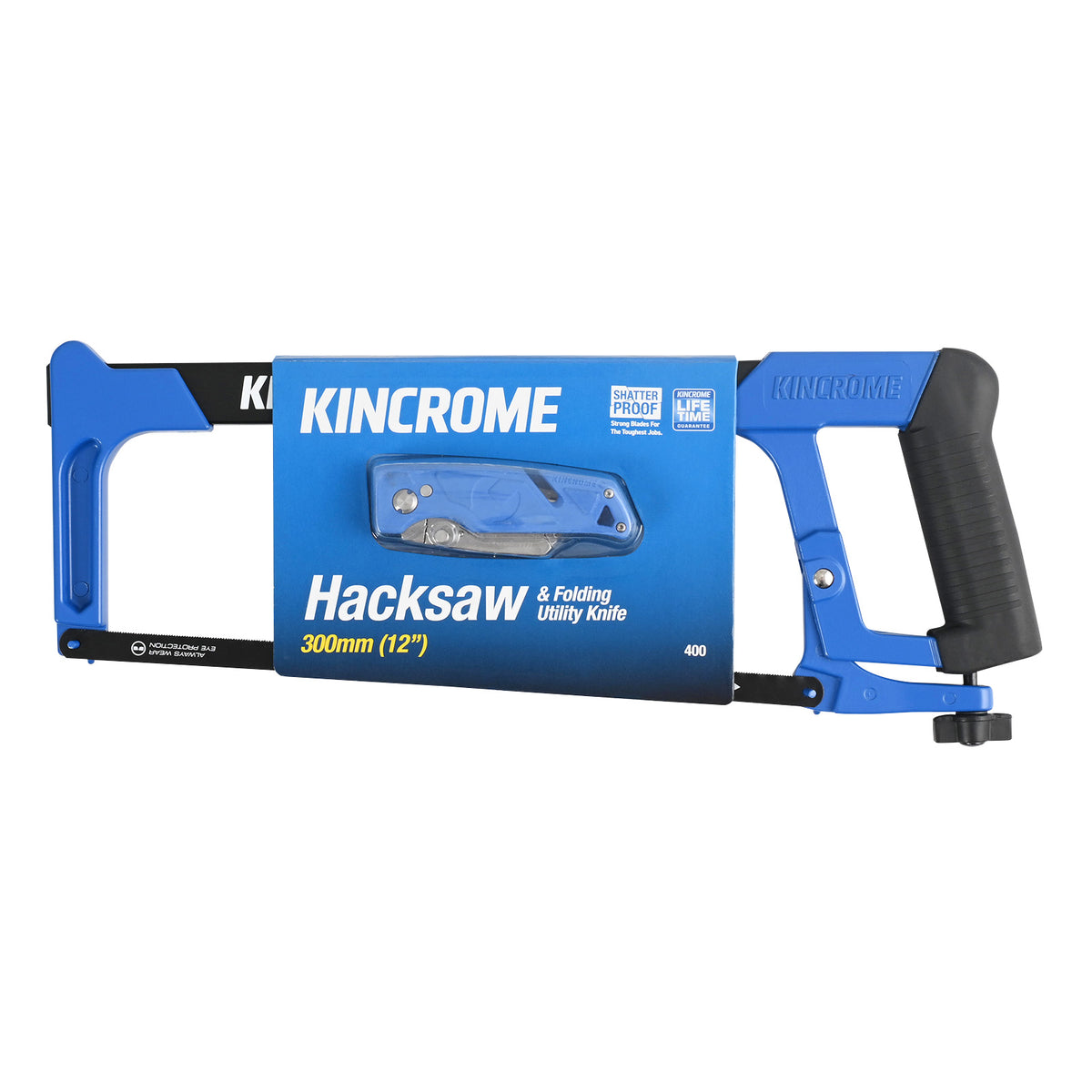 This is an image of a Kincrome 300mm (12") hacksaw with folding utility knife packaging, from Kennedys Welding Supplies in Derwent Park TAS, offering tool shop and welding specialists services.