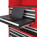 This is an image of a laptop on a pull-out work surface of a red tool cabinet, showcasing welding and tool shop supplies at Kennedys Welding Supplies in Derwent Park, TAS