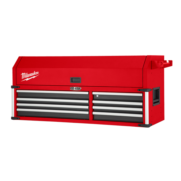 This is an image of a Milwaukee red tool chest with multiple drawers, offered by Kennedys Welding Supplies in Derwent Park, Tasmania, specialist in tool shop, power tool repairs, laser cutting, and welding services.