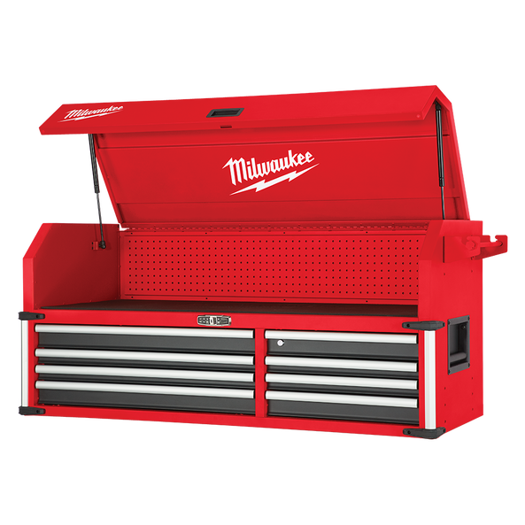 This is an image of a red Milwaukee tool chest with open lid, featured by Kennedys Welding Supplies in Derwent Park TAS, offering tool shop and welding specialist services