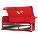 This is an image of a red Milwaukee tool chest with open lid, featured by Kennedys Welding Supplies in Derwent Park TAS, offering tool shop and welding specialist services