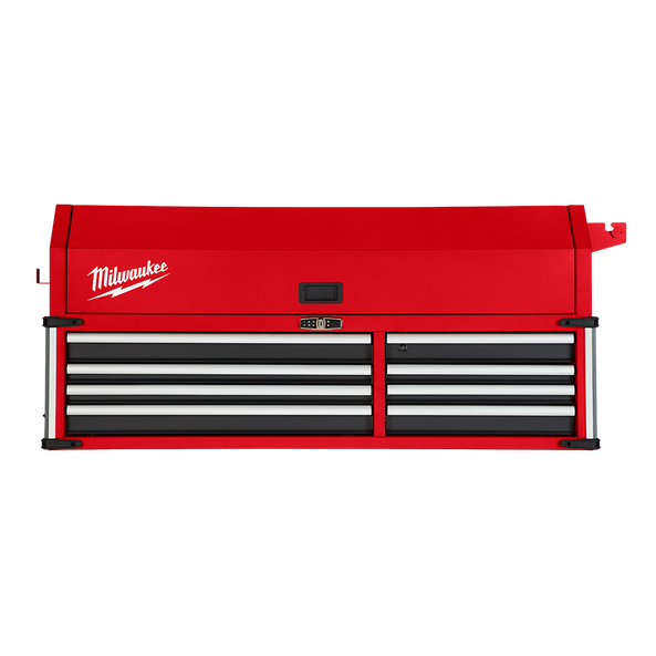 This is an image of a Milwaukee red tool chest with multiple drawers, featured by Kennedys Welding Supplies Tool Shop in Derwent Park, TAS