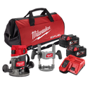 This is an image of Milwaukee M18 Fuel cordless router kit with batteries, charger, and carrying bag, offered by Kennedys Welding Supplies in Derwent Park Tasmania