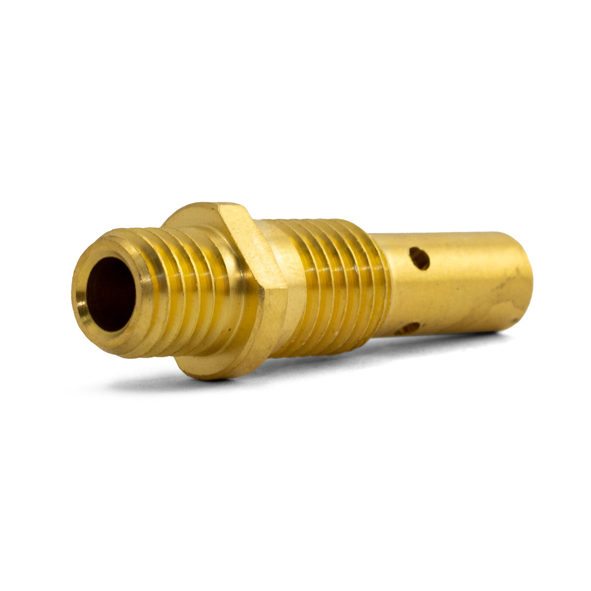 This is an image of a brass threaded welding consumable part, showcasing precision engineering by Kennedys Welding Supplies in Derwent Park TAS, offering tool shop, laser cutting, power tool repairs, and welding specialist services.