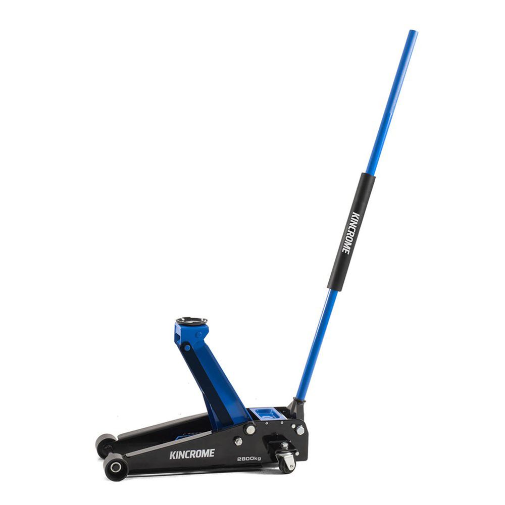 This is an image of a Kincrome 2800kg floor jack with blue handle at Kennedys Welding Supplies in Derwent Park TAS, offering tool shop and power tool repairs