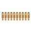 This is an image of eleven copper welding contact tips lined up in a row, available at Kennedys Welding Supplies in Derwent Park, TAS, offering welding specialists and tool shop services.