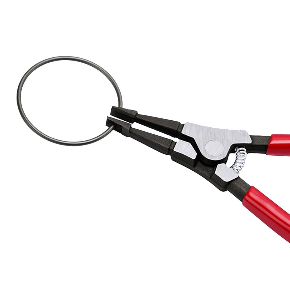 This is an image of circlip pliers with red handles holding a circular metal ring, from Kennedys Welding Supplies in Derwent Park TAS offering tool shop and welding specialists services